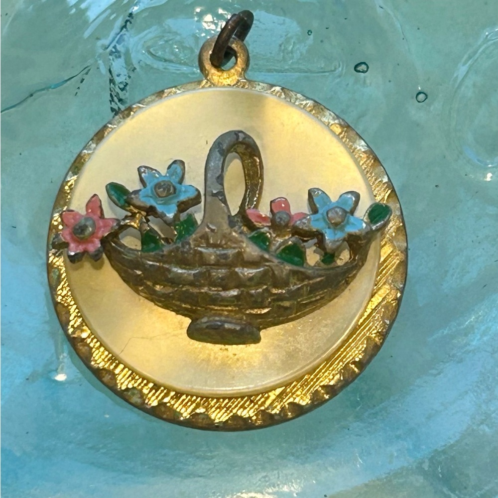 Vintage Enameled Floral Basket Pendant